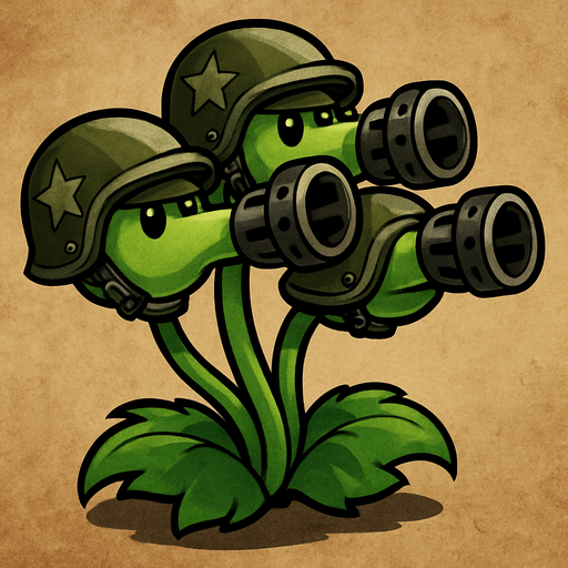Triple lanza guisantes del videojuego plantas vs zombies fusion con cascos militares y boca de metralletas.
In-Game asset.  2d.  High contrast