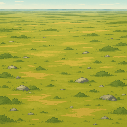 Here’s a prompt for a very distant, wide-angle view of a tree-free forest floor:

**Prompt:**
A very distant, wide-angle aerial view of a tree-free forest floor, showing expansive grassy plains with patches of dirt, scattered rocks, and low vegetation. The terrain stretches far into the horizon with subtle color variations and soft natural lighting, creating a vast, open, and serene natural environment without any trees..
In-Game asset.  2d.  High contrast.  No shadows