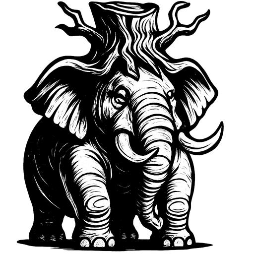 fat elephant with gnarly tree trunk hat..
High contrast.  No shadows