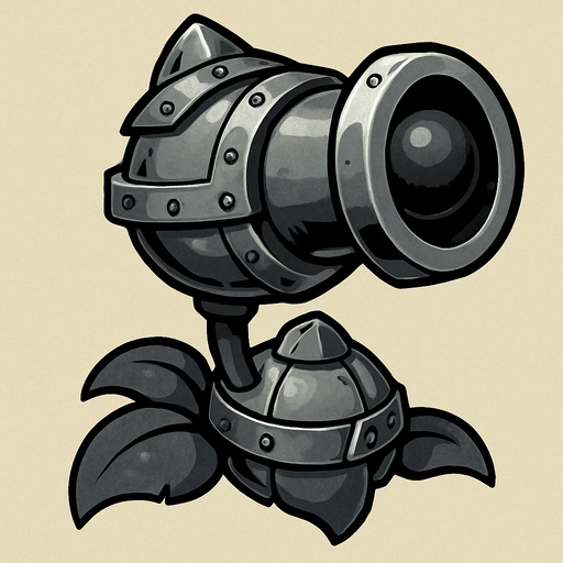 Make a peashooter that with gray armor and looks like it shoot cannon balls.
In-Game asset.  2d.  High contrast.  No shadows