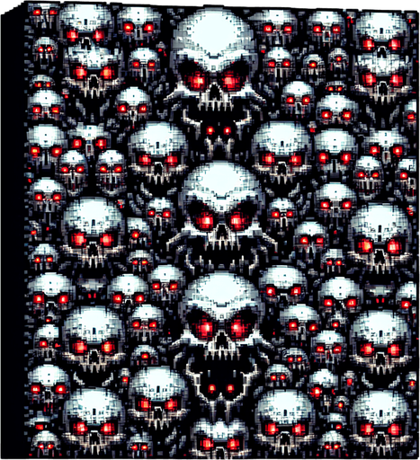16 bit wall of skulls with red eyes Single Game Texture. In-Game asset. 2d. Blank background. High contrast. No shadows.