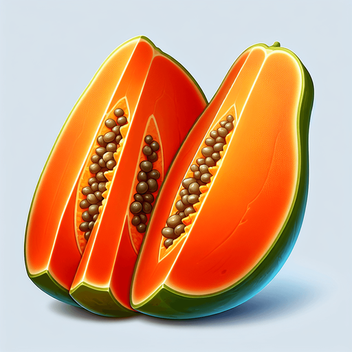 sliced fruit papaya with two slices 1one left and one right.
Single Game Texture.  In-Game asset.  2d.  Blank background.  High contrast.  No shadows