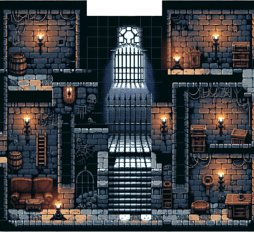 create me a 2d pixel dark dungeon.
Single Game Texture. In-Game asset. 2d. Blank background. High contrast. No shadows.