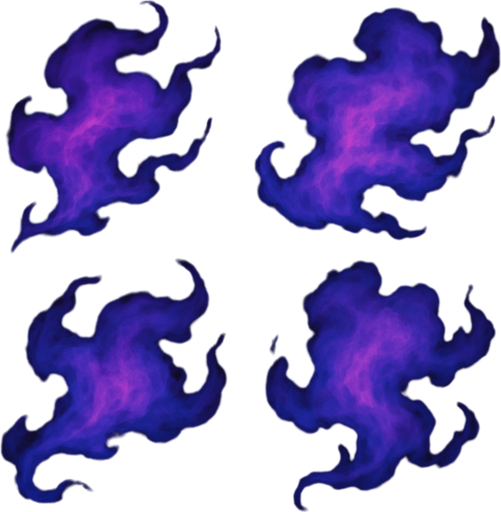 Wispy, gas-like particles

```
- Shape: Irregular, cloud-like with flowing tendrils
- Colors: Purple (#8844FF), magenta (#FF44AA), blue (#4488FF)
- Opacity: 60-80% at center, fading to transparent
- Texture: Soft, organic, slightly mottled
- Multiple variants: 3-4 different shapes for variety.
In-Game asset.  2d.  High contrast.  No shadows