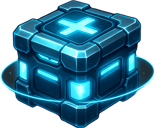 A 2D sci-fi gift box or power-up crate floating in space, with a glowing metallic surface, futuristic design, bright neon blue and silver accents, and a soft pulsing light effect. The box should look valuable and mysterious, slightly levitating with subtle sparkles or energy rings around it. Designed for a top-down space shooter game. Transparent background, digital art, ideal for sprite use..
In-Game asset.  2d.  High contrast.  No shadows