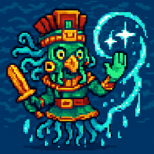 Generame un guerrero meduza cone fectos de agua, que cura como mago, estilo pixelar, ambeintado a lo azteca.
In-Game asset.  2d.  High contrast.  No shadows
