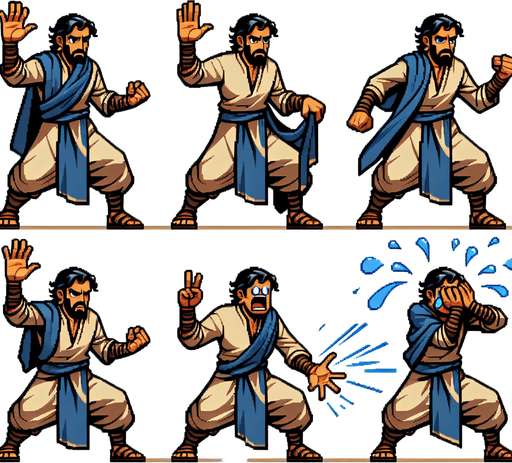create a spritesheet of a person with his hand up, and also another sprite with his hand down with the pose as if he was breaking something, and a sprite of him crying with his injured hand. also make a sprite of him with his mouth open.. Single Game Texture. In-Game asset. 2d. Blank background. High contrast. No shadows.
Single Game Texture.  In-Game asset.  2d.  Blank background.  High contrast.  No shadows