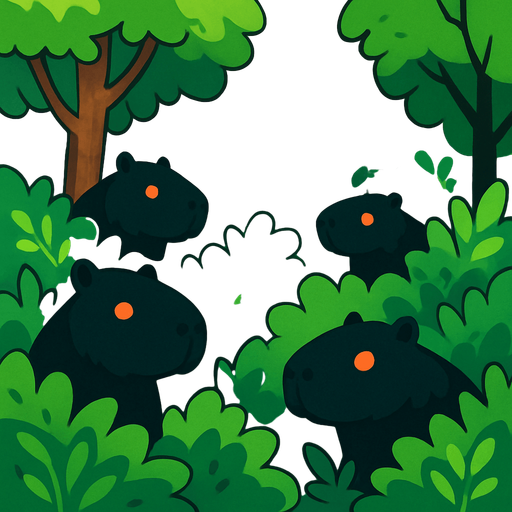 Crea un bosque verde alegre. Pero escondidos en las ojas de los arbustos aparecen capybaras de color negros con ojos rojos..
In-Game asset.  2d.  High contrast.  No shadows