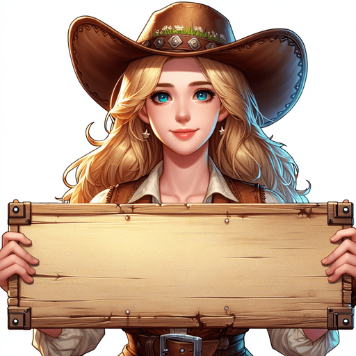 pretty blond human cowgirl holding a sign.
Single Game Texture. In-Game asset. 2d. Blank background. High contrast. No shadows.