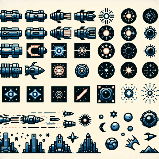 A spritesheet of various laser and space gun turret shots, including dual shots, rays and projectiles for a space game..
Single Game Texture. In-Game asset. 2d. Blank background. High contrast. No shadows.