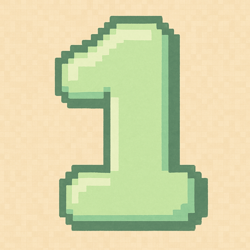 A pixel art number "1" designed for a cozy, cute retro 2D game UI with a bird theme. The number is rendered in soft pastel light green tones to harmonize with the gentle and sweet aesthetic of the game. It has a clean, simple, and rounded pixel style with no harsh edges, fitting perfectly within the pixel art UI style. The number is bold and easily readable at small sizes..
In-Game asset.  2d.  High contrast.  No shadows. pixel art. retro. 2d ui. number. pastel light green. simple. rounded edges. bold. cute. minimal
