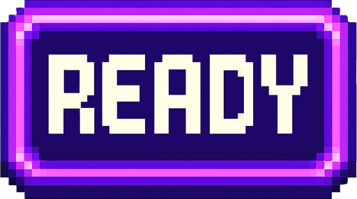 A pixel art button with the word "READY" written in bold, retro pixel font. The button is rectangular with slightly rounded corners, styled in purple and violet tones with a soft glowing border to match a lo-fi rhythm game's aesthetic. The "READY" text is centered, white or light-colored for contrast, with pixel-perfect sharpness. The button has a slightly raised 3D appearance and no background (transparent). Designed for use in a minimalist, neon-themed rhythm game UI..
In-Game asset.  2d.  High contrast.  No shadows