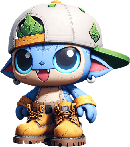 A cute monster wearing a snapback and Timberland shoes in Chibi style Single Game Texture. In-Game asset. 2d. Blank background. High contrast. No shadows.