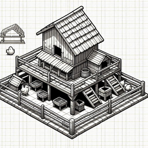 background chicken coop.
Single Game Texture. In-Game asset. 2d. Blank background. High contrast. No shadows.