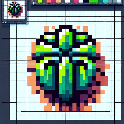 Pixelated cactus seen from above.
Single Game Texture.  In-Game asset.  2d.  Blank background.  High contrast.  No shadows