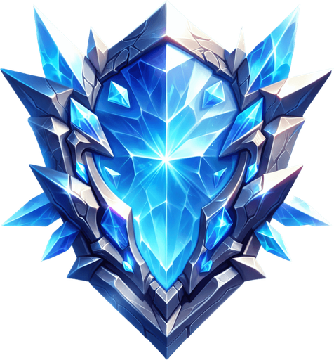 An angular, crystalline shield shimmering with blue light..
Single Game Texture.  In-Game asset.  2d.  Blank background.  High contrast.  No shadows