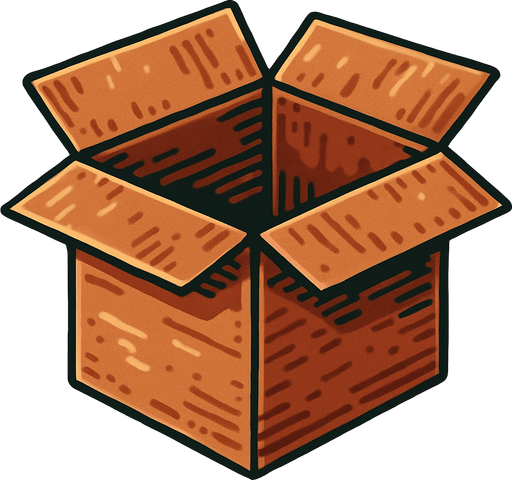 open cardboard box.
Single Game Texture.  In-Game asset.  2d.  Blank background.  High contrast.  No shadows