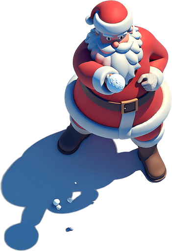Santa gearing up to throw a snowball, viewed from above and facing forward Single Game Texture. In-Game asset. 2d. Blank background. High contrast. No shadows.