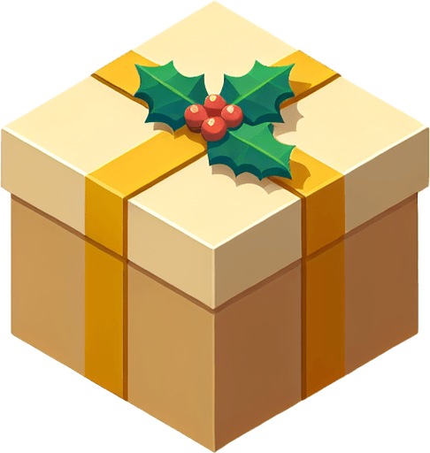 a big light brown and yellow christmas gift decorated with holly leaf. isometric view. no floor. Single Game Texture. In-Game asset. 2d. Blank background. High contrast. No shadows.