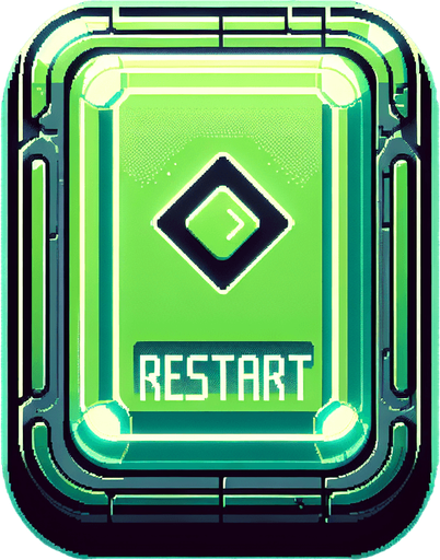 A green, elongated rectangular button designed for a video game UI, viewed straight from the front. The button has a muted neon green surface with a soft, subtle glow, giving it a retro-punk futuristic vibe without overwhelming brightness. The edges are slightly rounded, with a faint cyan outline that adds a touch of depth and complements the design.

Centered on the button, the word 'RESTART' appears in a bold, pixel-art font with a faint white outline, ensuring it remains clear and readable. The background is simple and minimal, with a subtle grid texture lightly visible on the button's surface to maintain the retro-futuristic aesthetic without excess glare. The overall design is clean and balanced, perfect for an immersive gaming interface..
Single Game Texture. In-Game asset. 2d. Blank background. High contrast. No shadows.