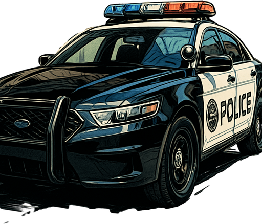 A highly detailed 2D illustration of a modern police car, viewed from a 3/4 front angle. The car should feature realistic proportions, reflective black and white paint, a visible police logo on the doors, detailed sirens and light bars on top, chrome accents, visible tires with tread, a front grille with texture, and a clean, urban background with street reflections. Emphasize realism and intricate detail, with proper shading and highlights to give a semi-realistic hand-drawn look. The style should combine comic art with technical illustration.
In-Game asset.  2d.  High contrast.  No shadows