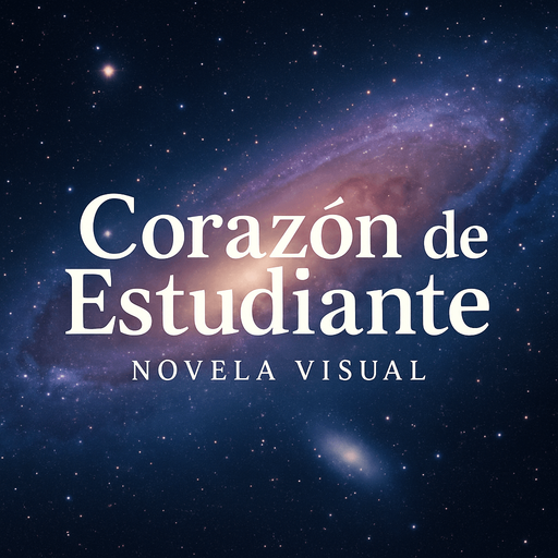 Create a title screen logo with the following text:
"Corazón de Estudiante - Novela Visual"
Behind the text, the Andromeda Galaxy (M31) stretches across the background, creating a dreamy, cosmic atmosphere that evokes mystery and romance.