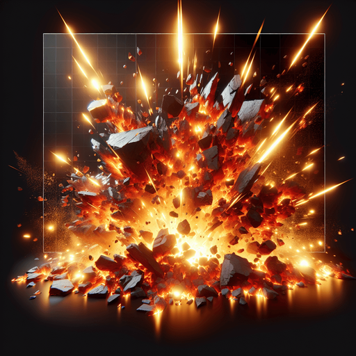 Rocks explosion, lights, sharp pieces, blur, HD images, fire..
Single Game Texture. In-Game asset. 2d. Blank background. High contrast. No shadows.
