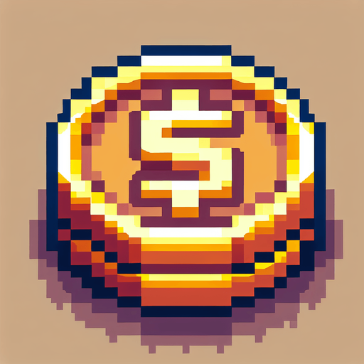 Coin piksel sanatı.
Single Game Texture.  In-Game asset.  2d.  Blank background.  High contrast.  No shadows