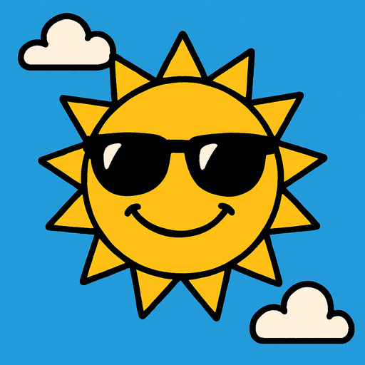 Cielo azul con un sol con lentes de sol.
In-Game asset.  2d.  High contrast.  No shadows