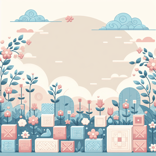 Background for relaxing puzzle game. Pastel colors, flat shaded, vector art. Flowers. Blocks. Relaxing. Clouds Single Game Texture. In-Game asset. 2d. Blank background. High contrast. No shadows.