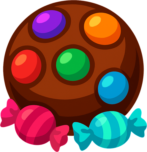 Chocolate ball with candies.
In-Game asset.  2d.  High contrast.  No shadows