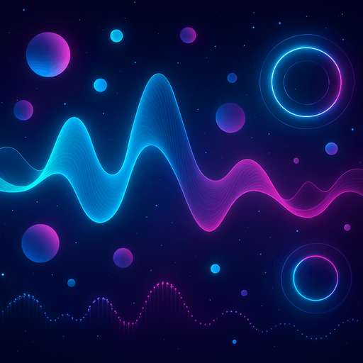 A futuristic abstract 2D background for a rhythm game start screen.
Neon color palette — cyan, magenta, and deep purple.
Floating glowing spheres, waveforms, and pulse rings layered over a dark space-like gradient background.
Visual elements should feel musical — like a living audio visualizer.
High detail, soft glowing effects, minimal UI clutter space in center.
Style: Digital art, vibrant, atmospheric..
In-Game asset.  2d.  High contrast.  No shadows