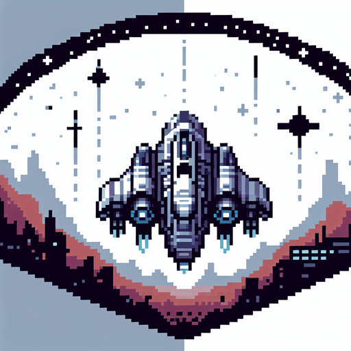 Spaceship 2D Pixel..
Single Game Texture. In-Game asset. 2d. Blank background. High contrast. No shadows.