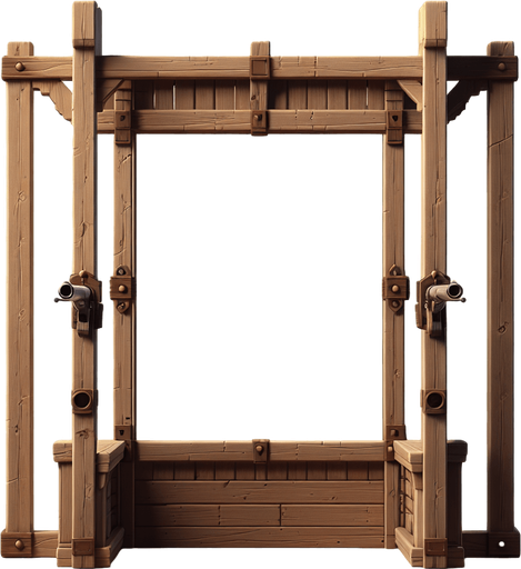 front facing western shooting gallery wooden frame.
Single Game Texture. In-Game asset. 2d. Blank background. High contrast. No shadows.