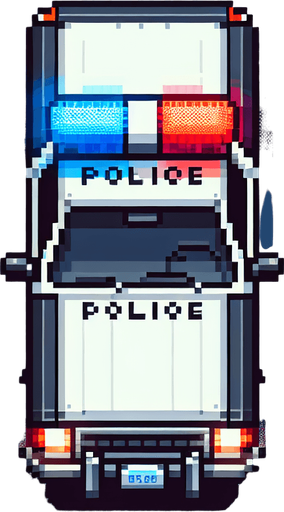 Top-down view of a pixel art police car with flashing red and blue lights, 64x64, arcade retro style".
Single Game Texture.  In-Game asset.  2d.  Blank background.  High contrast.  No shadows