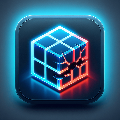 A square app store icon with rounded edges, designed for a Cube Cracking app. The icon features an isometric Rubik's cube in the center, with one side glowing in simple neon blue lines, inspired by Tron, and the opposite side subtly tinted red, with minimal cracks to suggest corruption. The background is a clean gradient of dark grey to black, with a faint glow emanating from the cube's edges. The design remains sleek and minimal, focusing on the contrast between the orderly blue side and the corrupted red side.
Single Game Texture. In-Game asset. 2d. Blank background. High contrast. No shadows.
