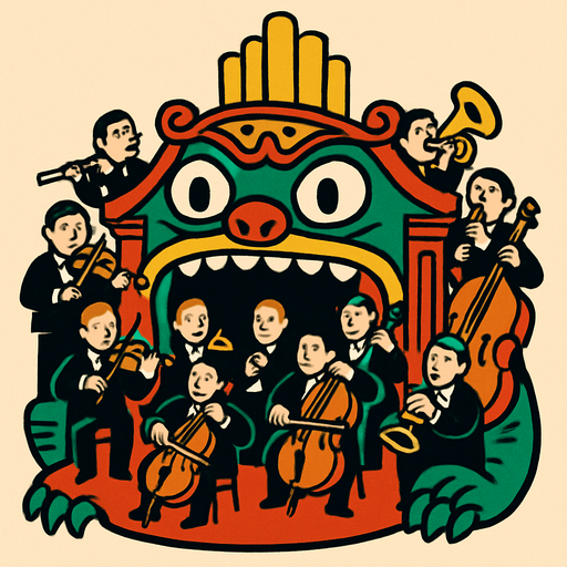 Orquesta de una Sala de Conciertos Viviente.
In-Game asset.  2d.  High contrast.  No shadows