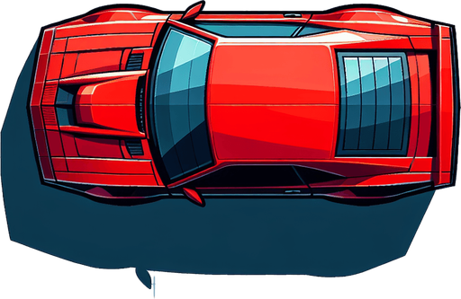Carro rojo visto desde arriba.
Single Game Texture.  In-Game asset.  2d.  Blank background.  High contrast.  No shadows