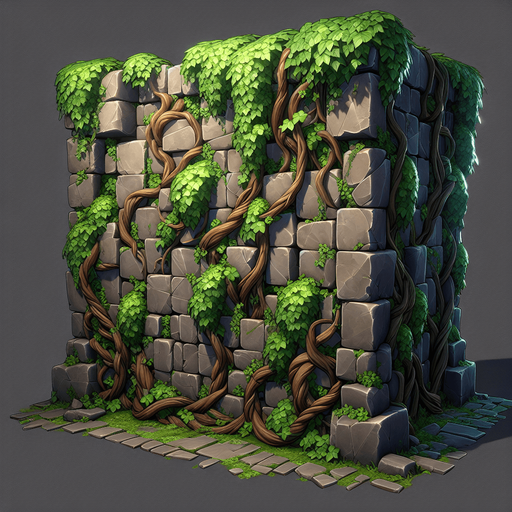 A barier wall with vines on it.
Single Game Texture.  In-Game asset.  2d.  Blank background.  High contrast.  No shadows