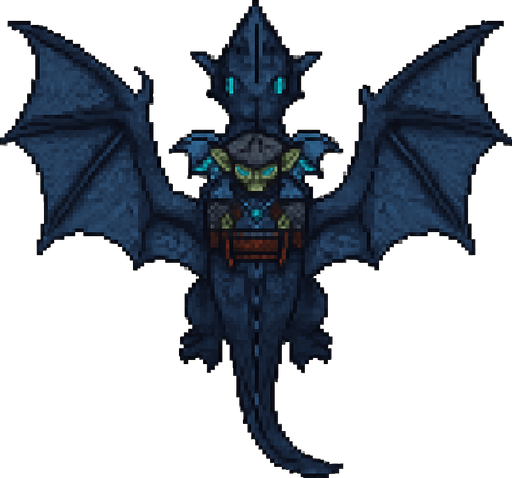 “Top-down pixel art of a goblin riding a flying  black - dark blue dragon. The dragon has wide, leathery wings fully extended, a long tail, sharp back ridges, and glowing blue eyes. It’s flying mid-air, viewed directly from above. The goblin is sitting on the dragon’s back,  blue dragon wings, holding reins or gripping a saddle, wearing dark fantasy armor with blue glowing runes. Designed as a 2D game sprite with a fantasy style, organic (non-mechanical) dragon, both characters seen from above.”.
In-Game asset.  2d.  High contrast.  No shadows