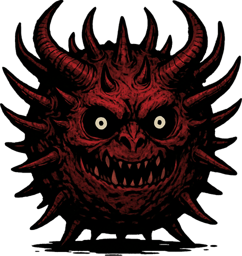 un demonio bola grande 2d y semi realista con muchos cuernos y que sus ojos sean negros con pupilas blancas.
In-Game asset.  2d.  High contrast.  No shadows