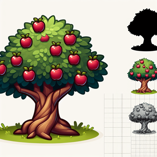 Apple tree with crown extending beyond the frame, tall trunk full height of the frame, cartoon style.
Single Game Texture. In-Game asset. 2d. Blank background. High contrast. No shadows.