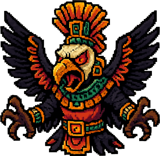 Genérame una Zopilote Rey guerrero azteca con eso patrones, estilo pixelar, con una apariencia maligna, ojos rojos, rabioso. Unidad aerea con alas. Animal.
In-Game asset.  2d.  High contrast.  No shadows