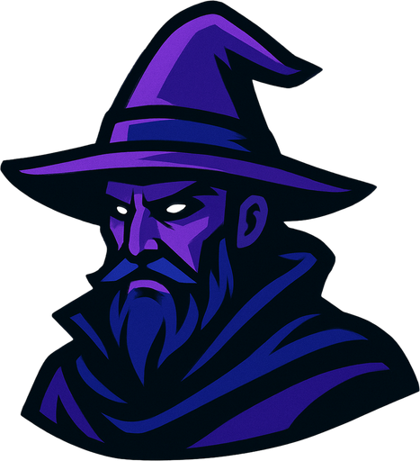 A very mysterious and cool man with a purple hat a wizard character's head is purple and dark blue themed.
In-Game asset.  2d.  High contrast.  No shadows
