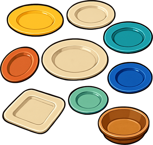 Pack of different plates.
In-Game asset.  High contrast.  No shadows. 3D