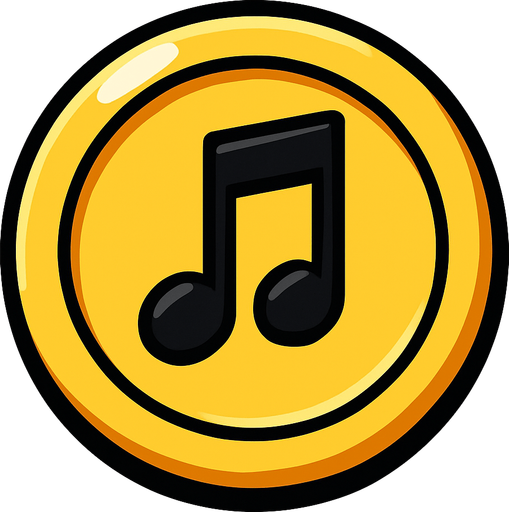 Yuvarlak altın para ortasında 🎶 müzik notası.
In-Game asset.  2d.  High contrast.  No shadows