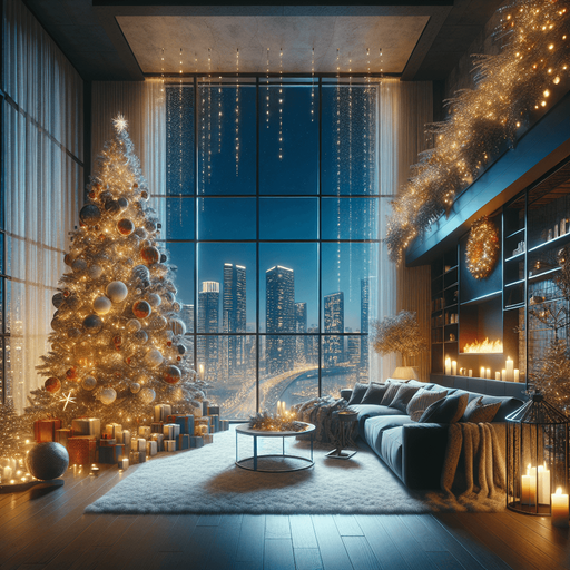 Photorealistic Apartment inside at night with Christmas decorations and huge large window