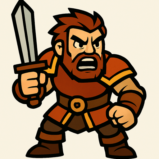 Angry warrior holding a sword.
In-Game asset.  2d.  High contrast.  No shadows