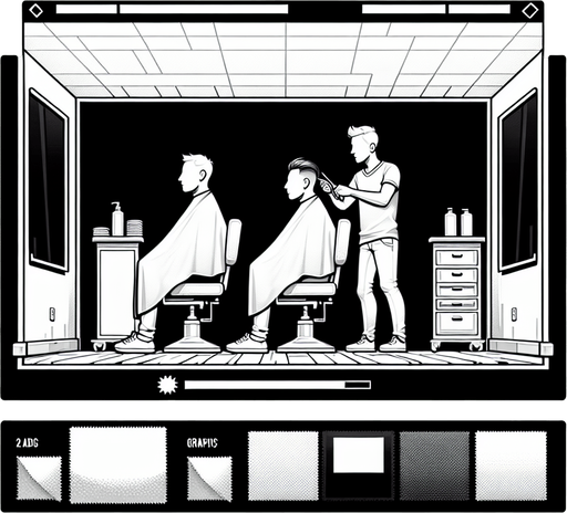 sandalyede oturan ve saçını kestirmeyi bekleyen bir müşteri.
Single Game Texture.  In-Game asset.  2d.  Blank background.  High contrast.  No shadows