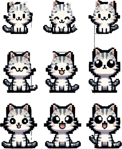 A spritesheet of a character sprite, which is a little grey and white striped cat, in various poses of sitting, looking happy, looking sad. Pixelart. The sprites should be laid out on a rectangular grid with clear space between them.Top down perspective..
Single Game Texture. In-Game asset. 2d. Blank background. High contrast. No shadows.